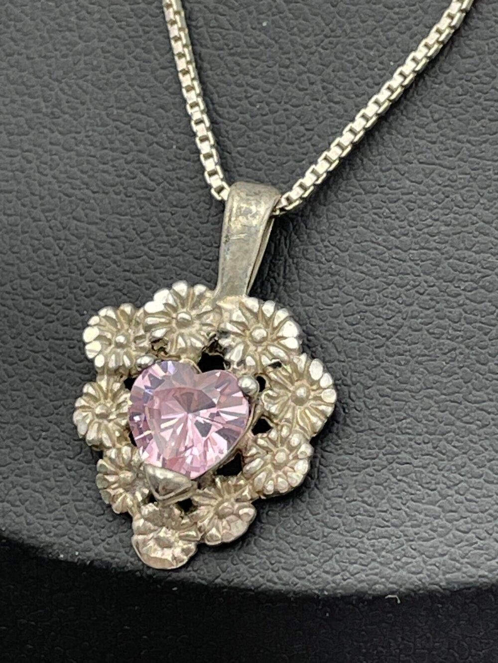 Diamonique Pink Faceted CZ Heart Charm Pendant 16'' Box Chain Necklace DQ 925
